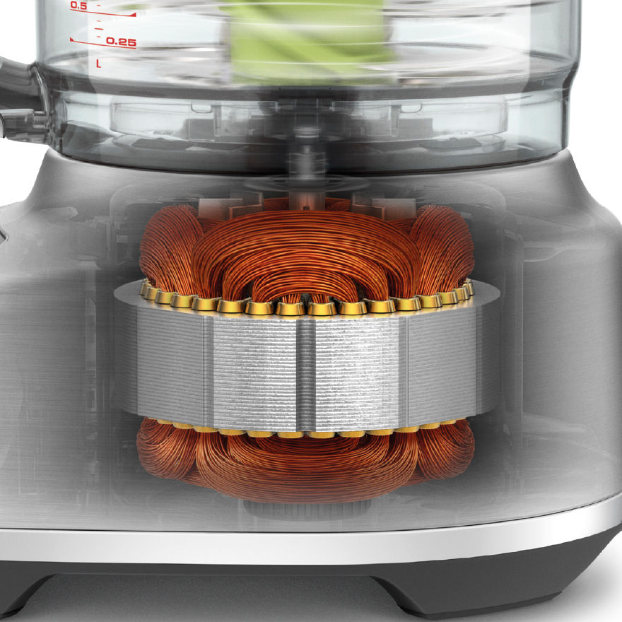 Breville food processor motor base and bowl demonstrating powerful motor performance during food preparation.