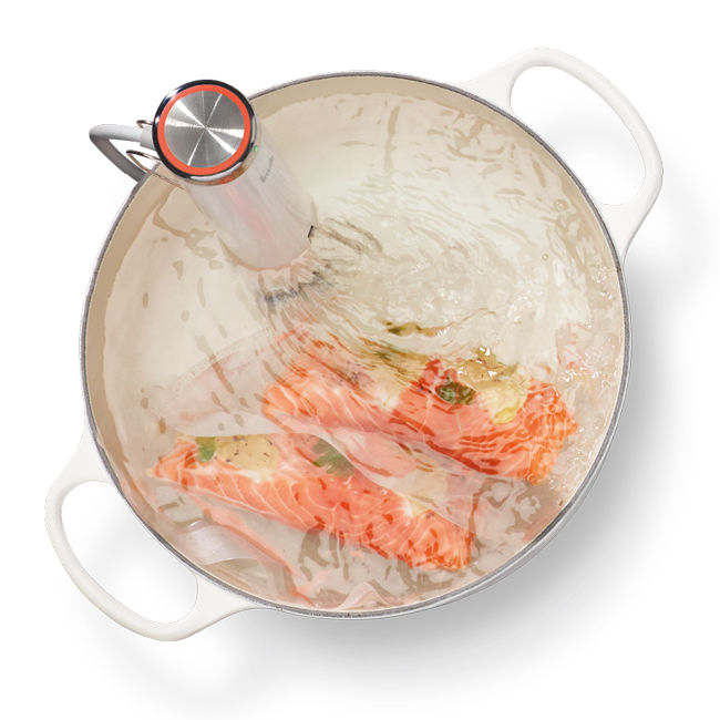 Add food to a water bath and cook at a precise temperature.