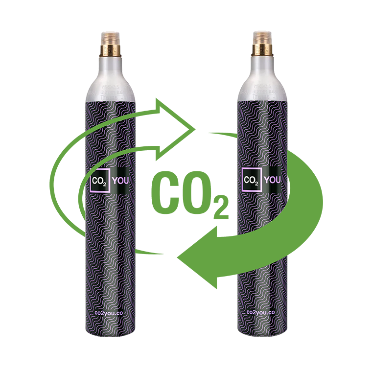 Two CO2 bottles involved by a green arrow