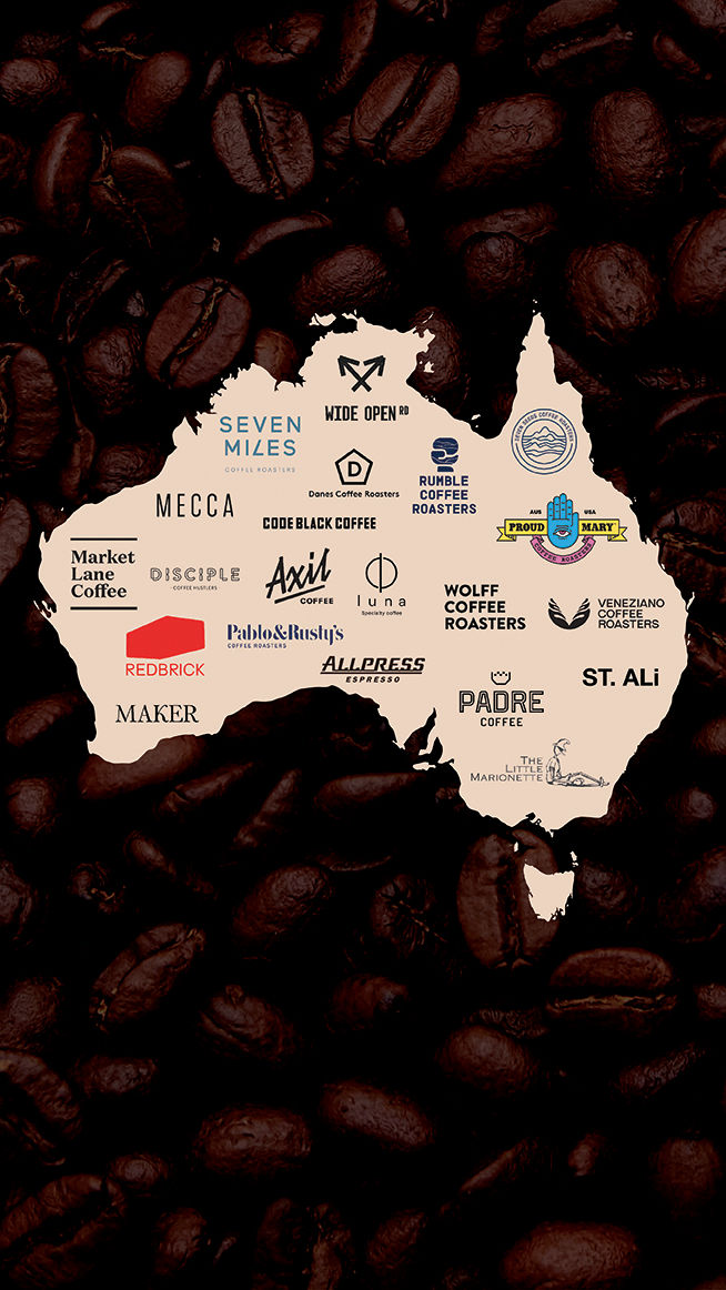 Australian map featuring coffee roasters as states