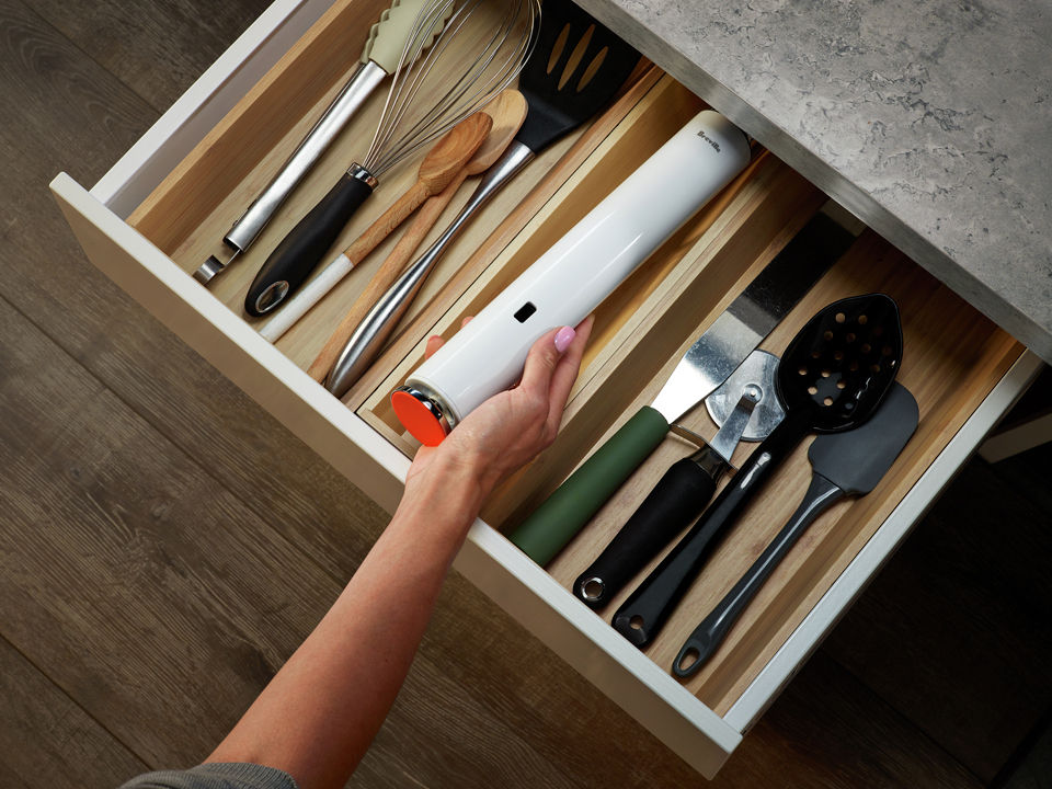 The Joule Turbo Sous Vide being stored in a kitchen drawer