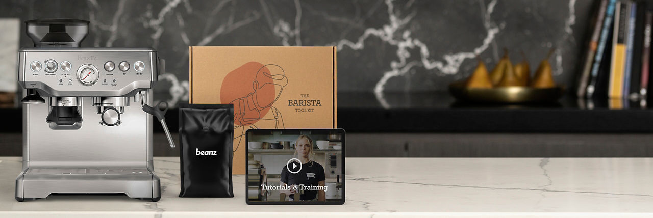 Coffee machine, beanz bag, barista tool kit and tutorial videos