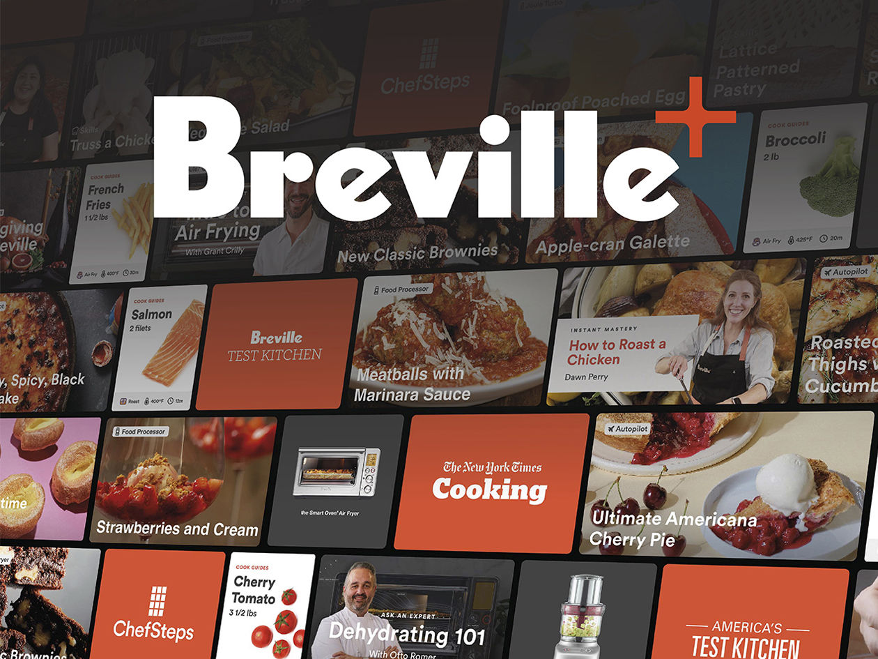 Breville+ logo over a collage of cooking and appliance tutorial thumbnails.